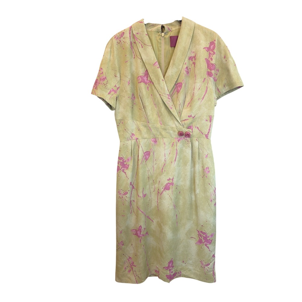 Mikael Aghal Sheath Dress Sage Green Pink Abstract Floral Rayon Wool 8